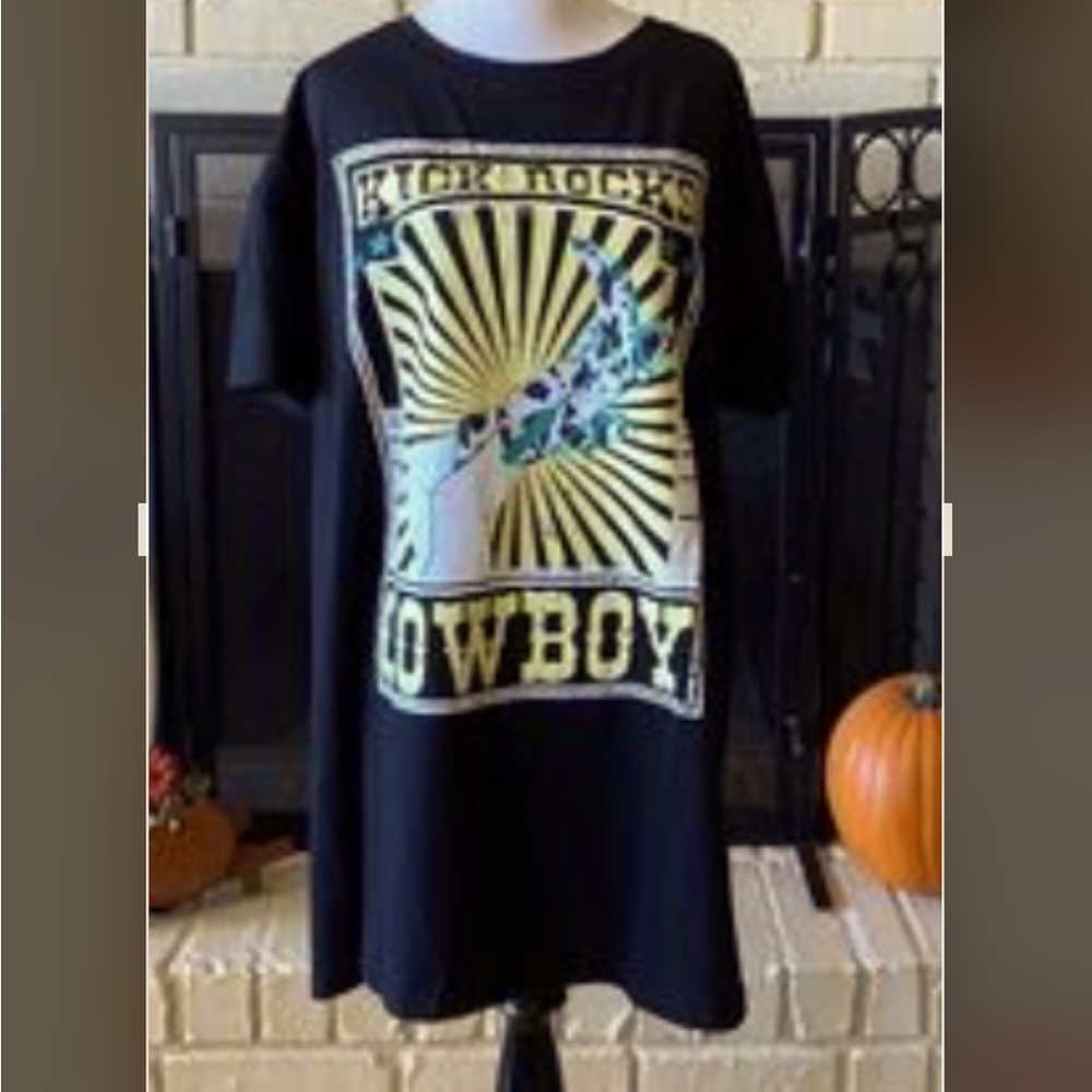 NWT “Kick Rocks Cowboy” OS dress/tunic top - cowgirl boot graphic